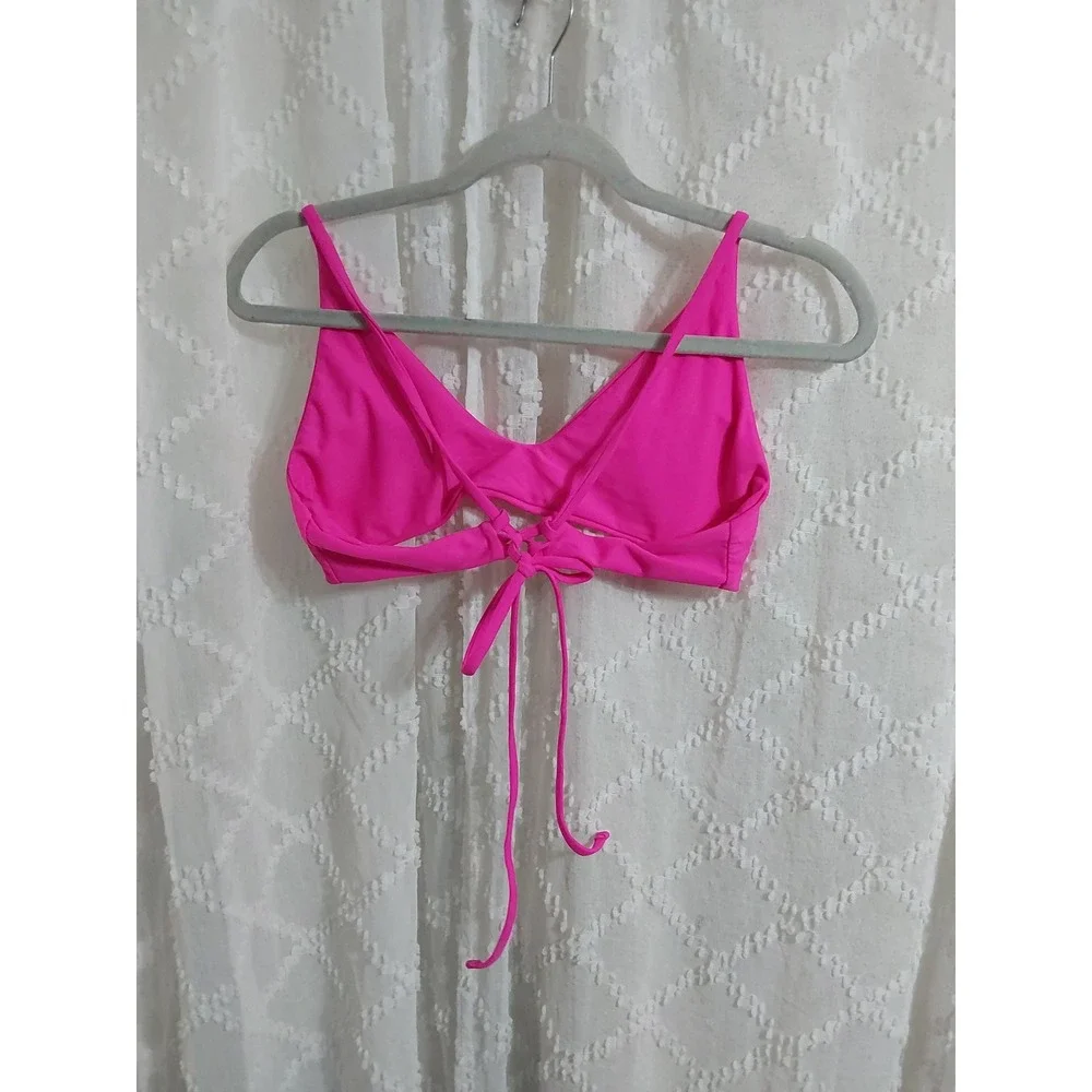 Zaful Neon Pink Lace Up Back Bikini Top Women Size US 6 UK 10 Hot Pink Swimwear